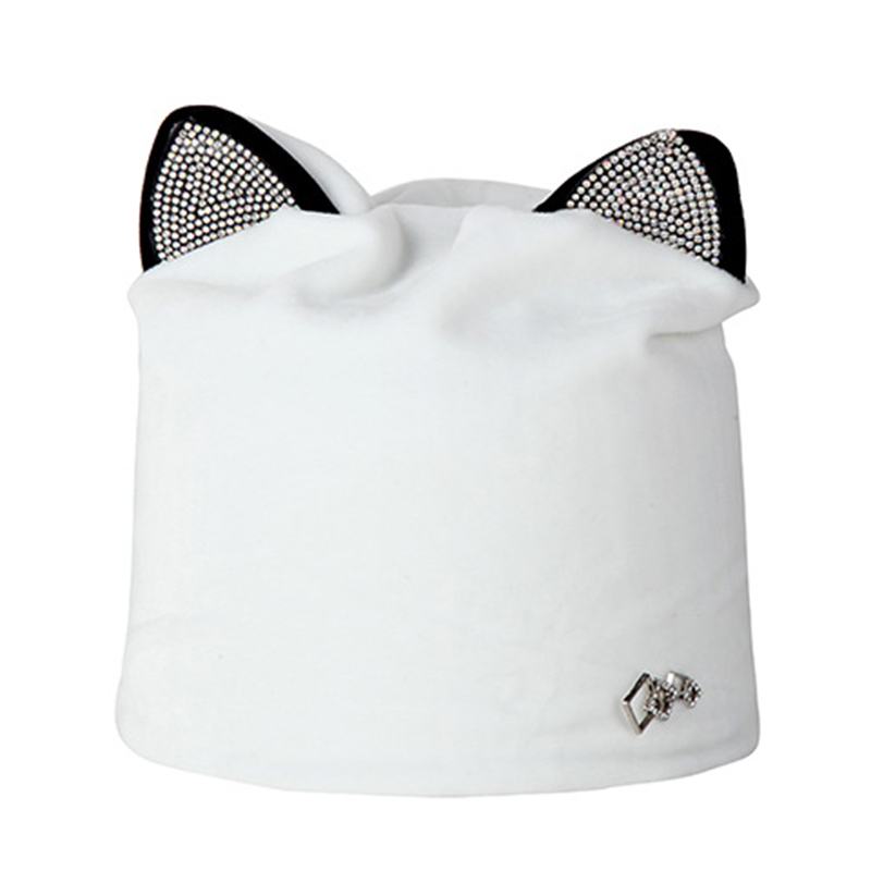 Damska CZapka Z Weluru Rhinestone Deco Kot Ear Wiatroszczelna CZapka Beanie