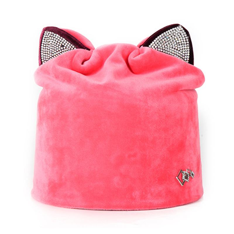 Damska CZapka Z Weluru Rhinestone Deco Kot Ear Wiatroszczelna CZapka Beanie