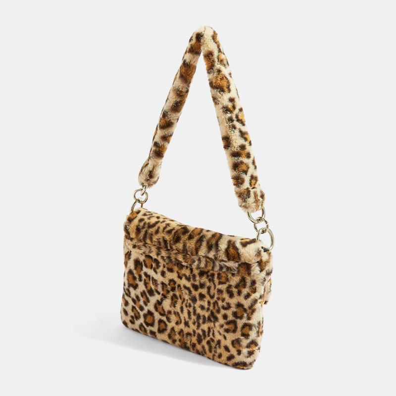 Damska Filcowa Moda Casual Leopard Pattern Miękka Ciepła Torebka Na Ramię