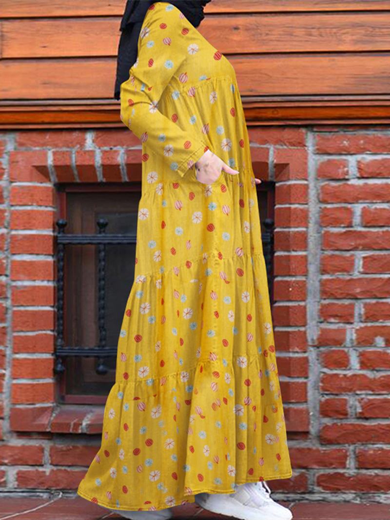 Damska Kolorowa Wielowarstwowa Wielowarstwowa Plisowana Sukienka Muzułmańska Z Długim Rękawem