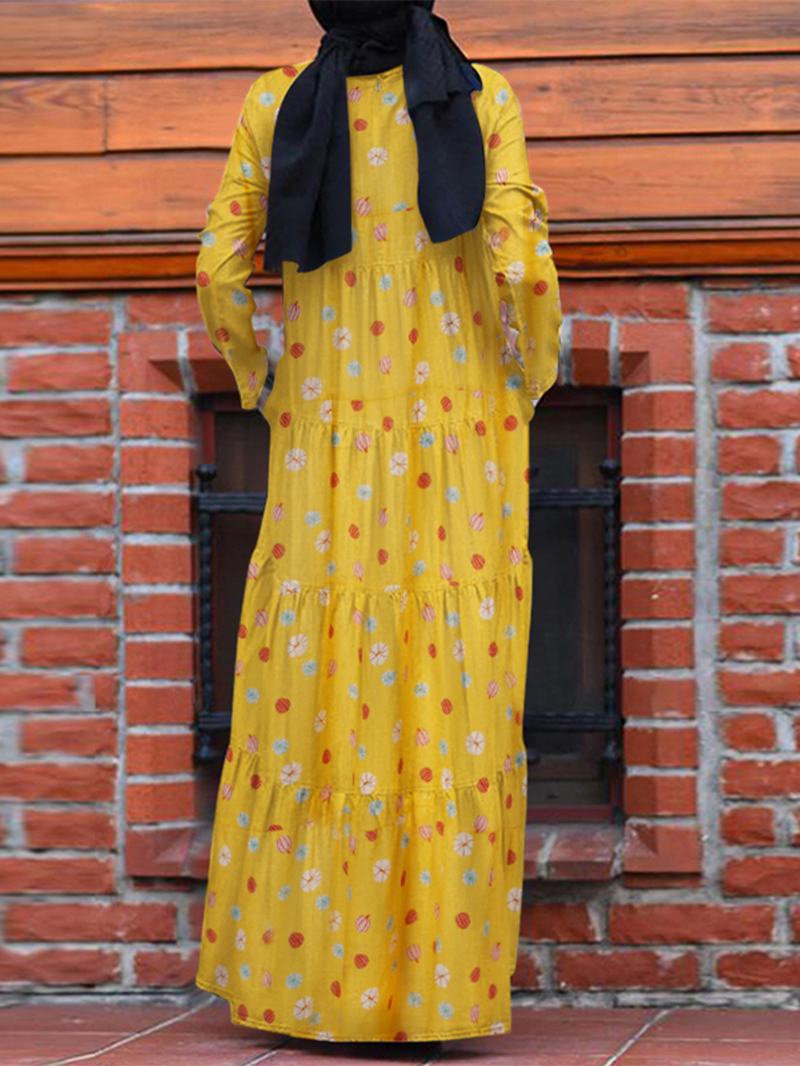 Damska Kolorowa Wielowarstwowa Wielowarstwowa Plisowana Sukienka Muzułmańska Z Długim Rękawem
