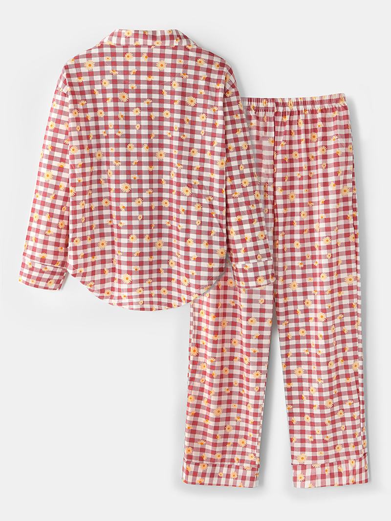 Damska Koszula W Kratę Z Kwiatowym Nadrukiem Revere Collar W Pasie Luźne Spodnie Z Kieszeniami Zestaw Piżamy