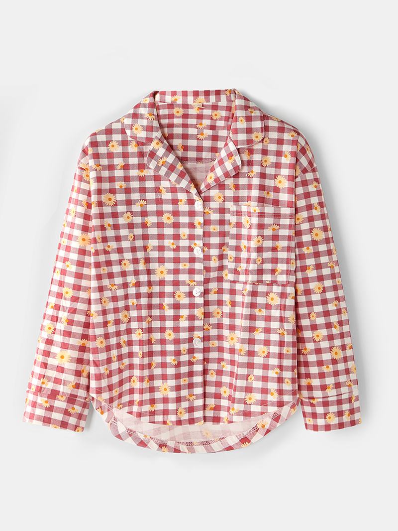 Damska Koszula W Kratę Z Kwiatowym Nadrukiem Revere Collar W Pasie Luźne Spodnie Z Kieszeniami Zestaw Piżamy