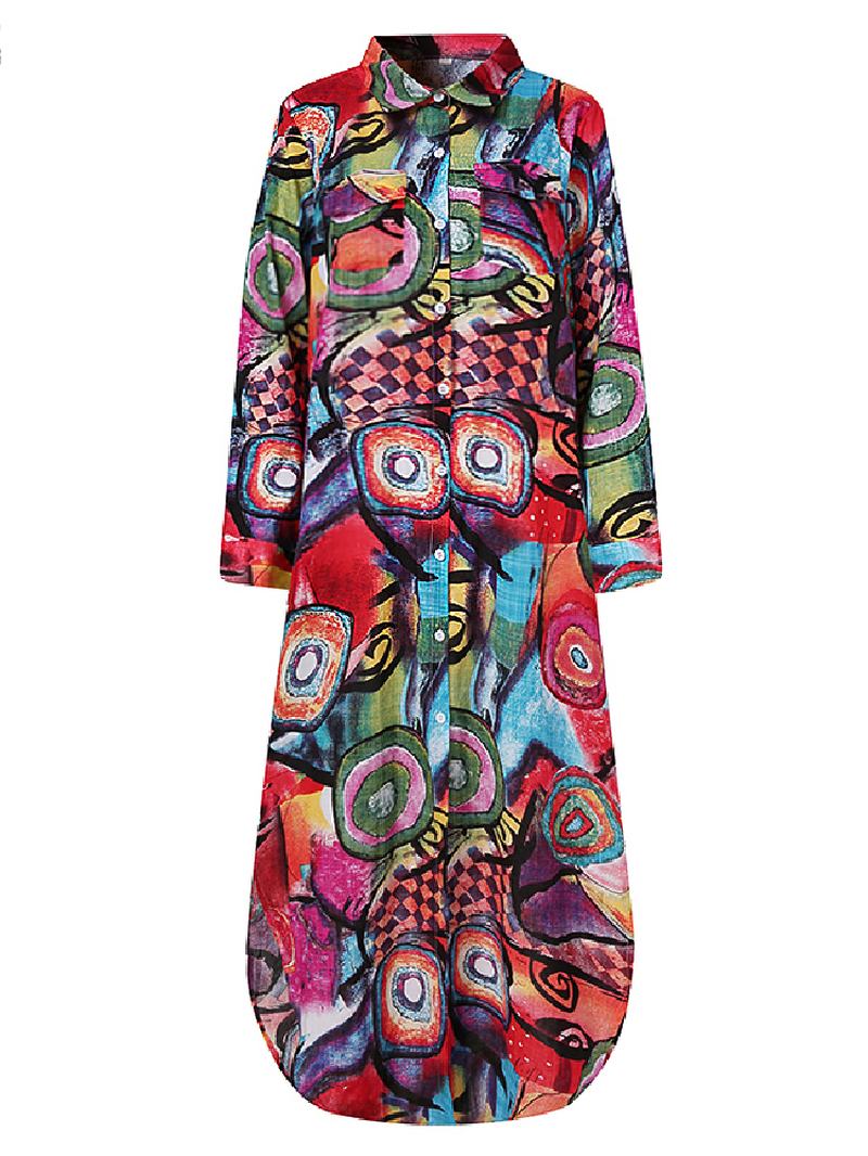 Damska Koszula W Stylu Vintage Z Nadrukiem W Geometrię Z Długim Rękawem Podwójna Kieszeń Sukienki Maxi