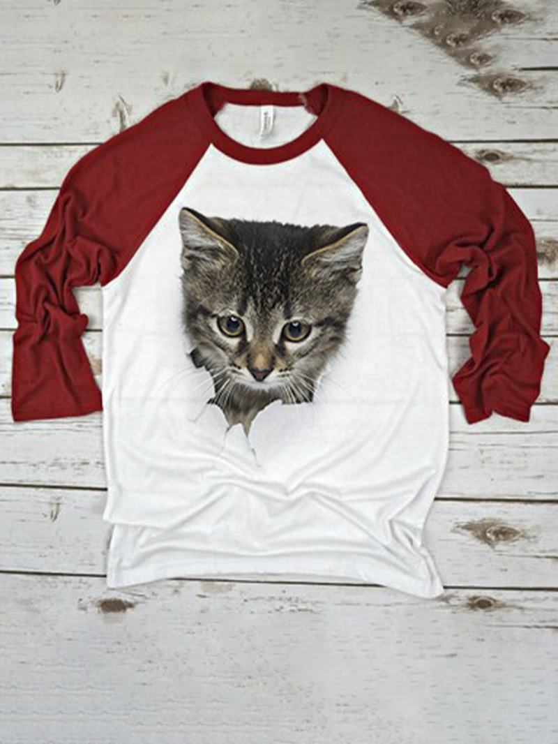 Damska Koszulka 3d Cute Kot Drukuj Raglanowe Rękawy Regular Fit Z Okrągłym Dekoltem Casual T-shirt
