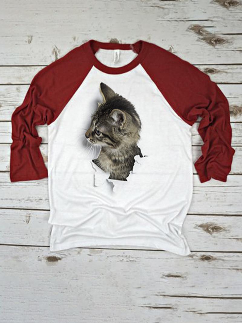 Damska Koszulka 3d Kot Patchwork Raglan Z Okrągłym Dekoltem I Na Co Dzień