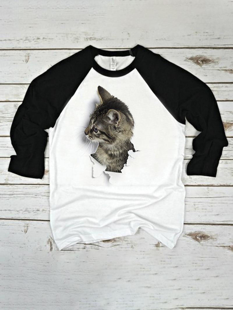Damska Koszulka 3d Kot Patchwork Raglan Z Okrągłym Dekoltem I Na Co Dzień