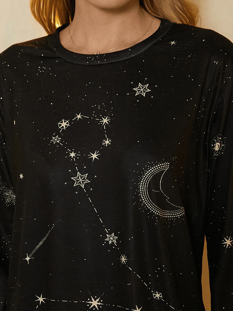 Damska Koszulka Z Długim Rękawem I Nadrukiem W Gwiazdy Z Okrągłym Dekoltem W Kształcie Księżyca