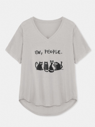 Damska Koszulka Z Krótkim Rękawem Z Kreskówkowym Nadrukiem Cute Kot Slogan Z Dekoltem W Serek I Zakrzywionym Brzegiem