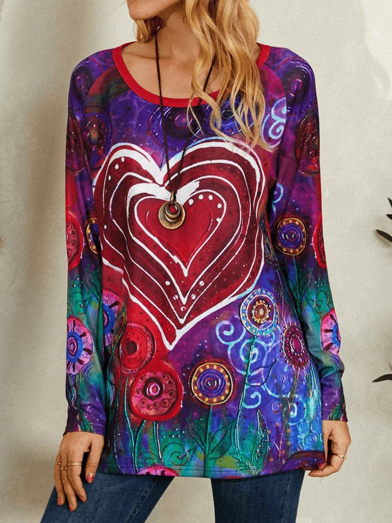 Damska Koszulka Z Okrągłym Dekoltem Graffiti Heart Floral Drukowanie Casual T-shirt Z Długim Rękawem