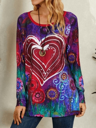 Damska Koszulka Z Okrągłym Dekoltem Graffiti Heart Floral Drukowanie Casual T-shirt Z Długim Rękawem