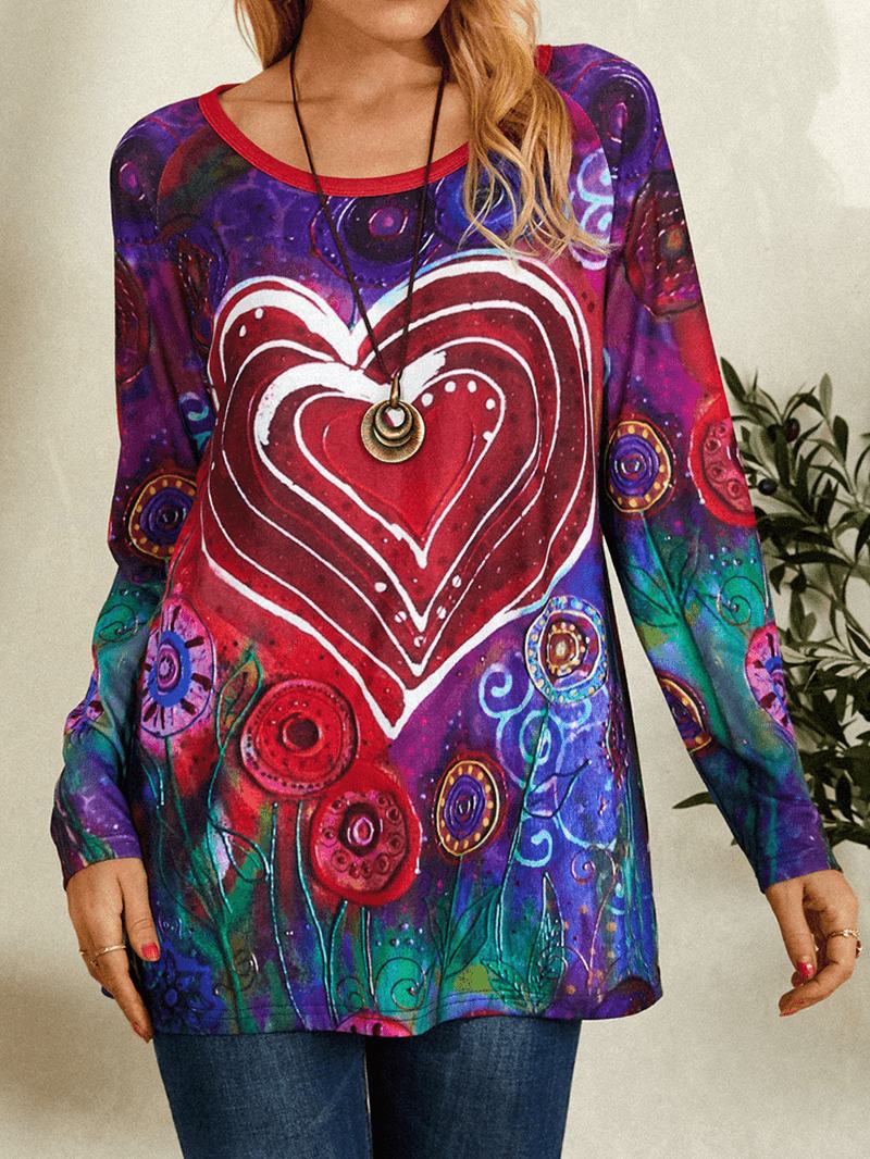 Damska Koszulka Z Okrągłym Dekoltem Graffiti Heart Floral Drukowanie Casual T-shirt Z Długim Rękawem