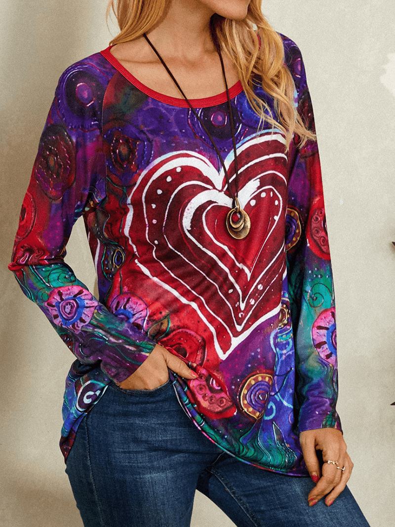 Damska Koszulka Z Okrągłym Dekoltem Graffiti Heart Floral Drukowanie Casual T-shirt Z Długim Rękawem