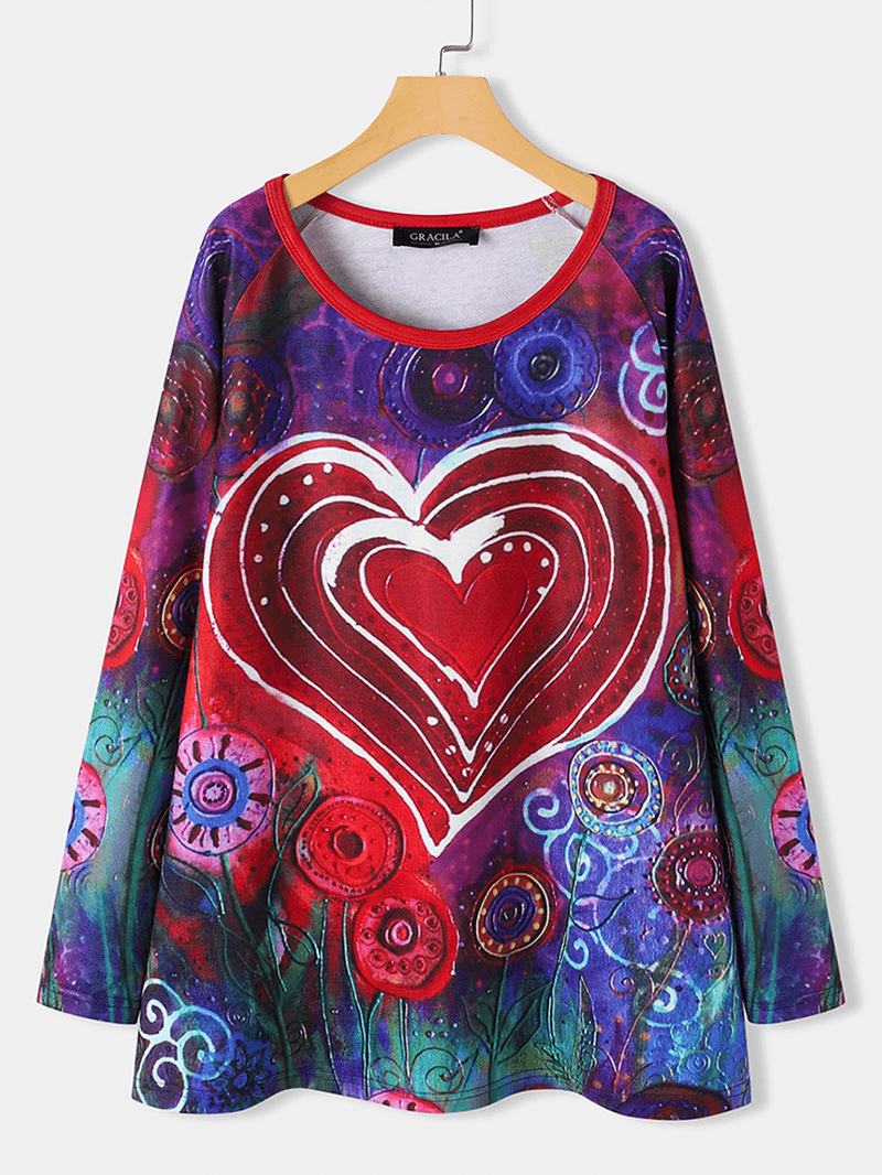 Damska Koszulka Z Okrągłym Dekoltem Graffiti Heart Floral Drukowanie Casual T-shirt Z Długim Rękawem