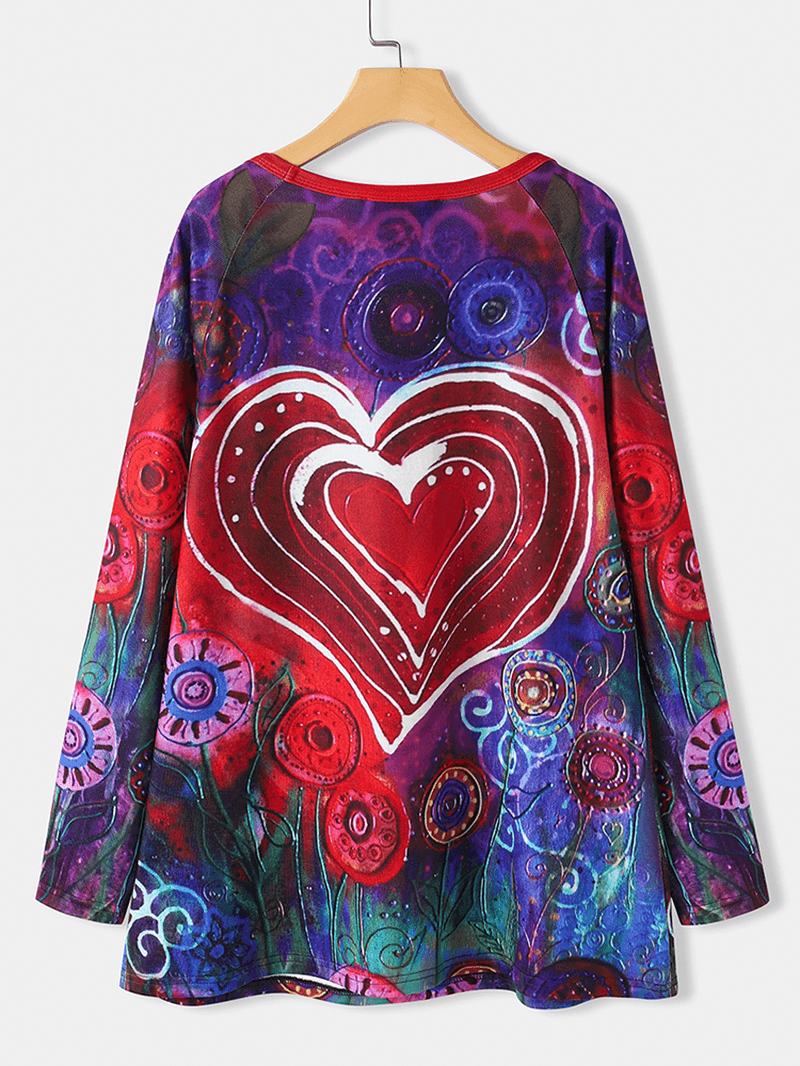 Damska Koszulka Z Okrągłym Dekoltem Graffiti Heart Floral Drukowanie Casual T-shirt Z Długim Rękawem