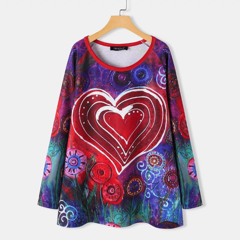 Damska Koszulka Z Okrągłym Dekoltem Graffiti Heart Floral Drukowanie Casual T-shirt Z Długim Rękawem