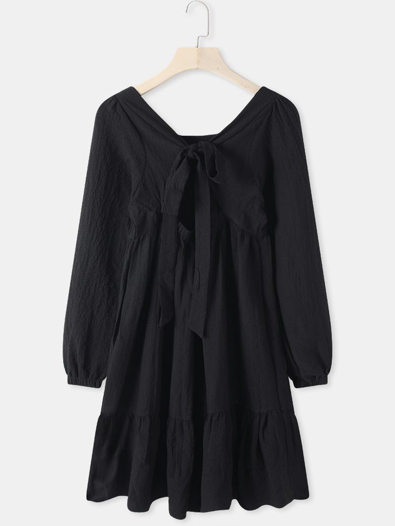 Damska Krótka Sukienka W Jednolitym Kolorze Bowknot Ruffle Z Długimi Rękawami Casual Dress