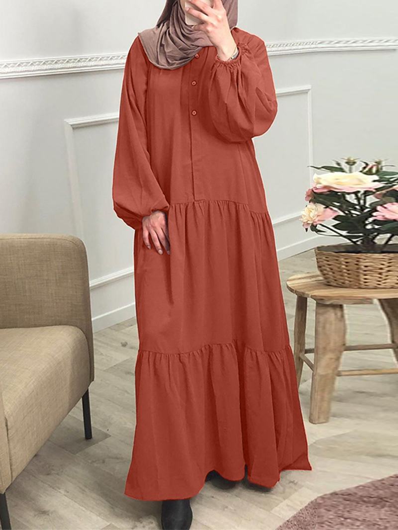 Damska Sukienka W Jednolitym Kolorze Z Przodu Z Bufiastymi Rękawami Kaftan Robe Maxi Dress