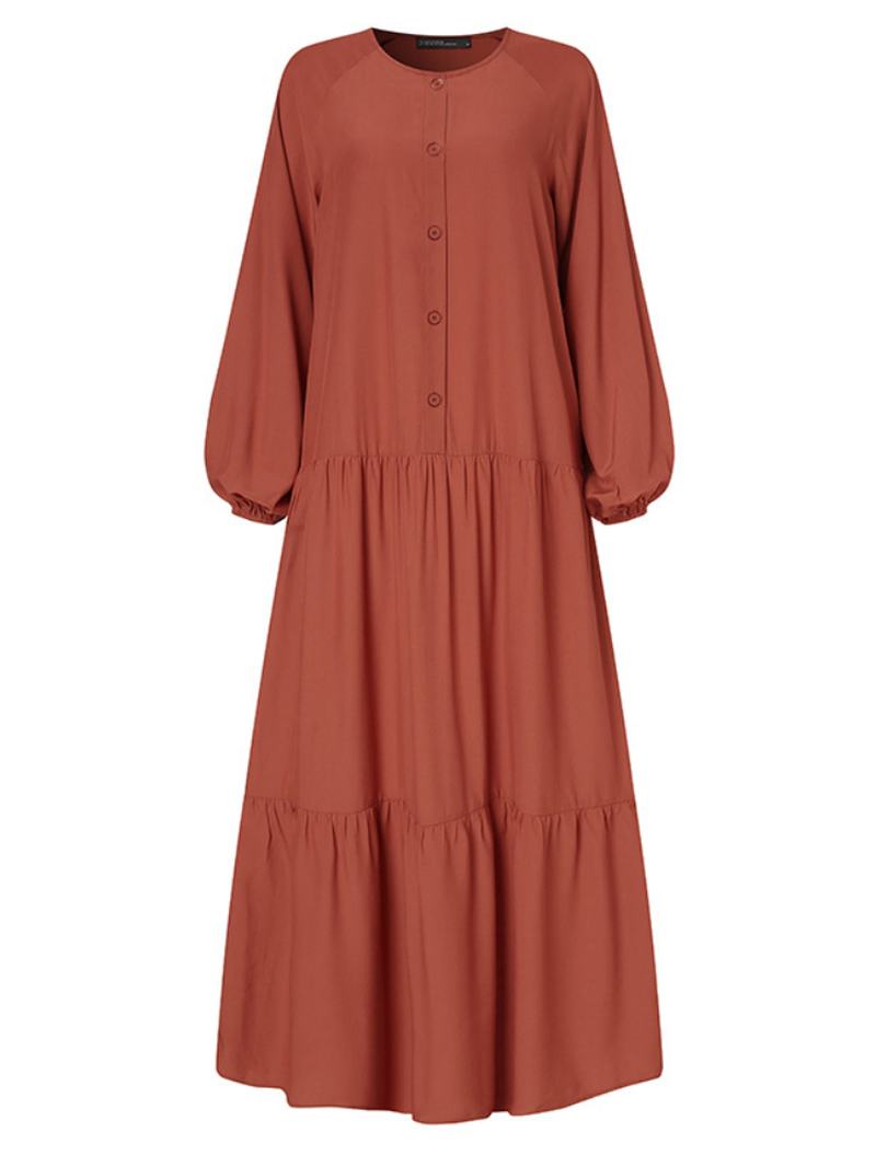 Damska Sukienka W Jednolitym Kolorze Z Przodu Z Bufiastymi Rękawami Kaftan Robe Maxi Dress