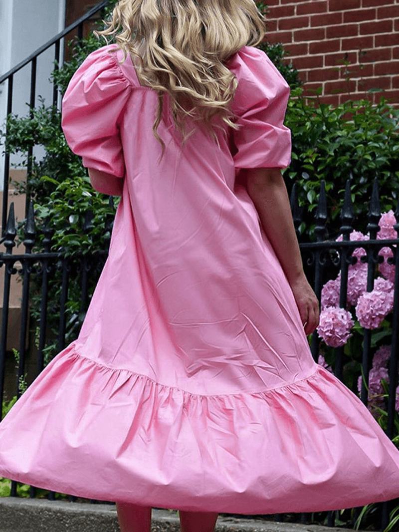 Damska Sukienka Z Bufiastymi Rękawami W Jednolitym Kolorze Big Swing Casual Square Neck Midi Layered Dress