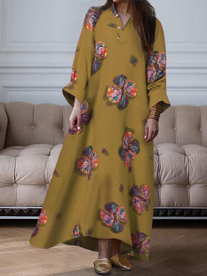 Damska Sukienka Z Kwiatowym Nadrukiem Z Dekoltem W Szpic I Długim Rękawem Holiday Casual Maxi Shirt