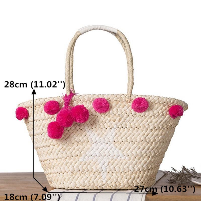 Damska Tkana Torebka Plażowa Ze Słomy Travel Plush Ball Bag Tote Bag