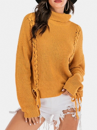 Damski Bandażowy Sweter Z Wysokim Dekoltem Ciepłe Żółte Swetry Dziewiarskie
