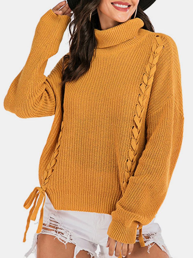 Damski Bandażowy Sweter Z Wysokim Dekoltem Ciepłe Żółte Swetry Dziewiarskie