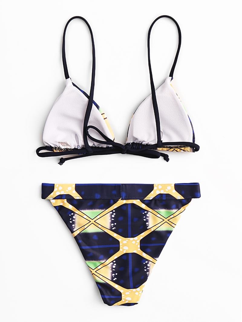 Damski Geometryczny Wzór Trójkątny Stringi Bez Pleców Strój Kąpielowy Bikini Z Wysokim Stanem