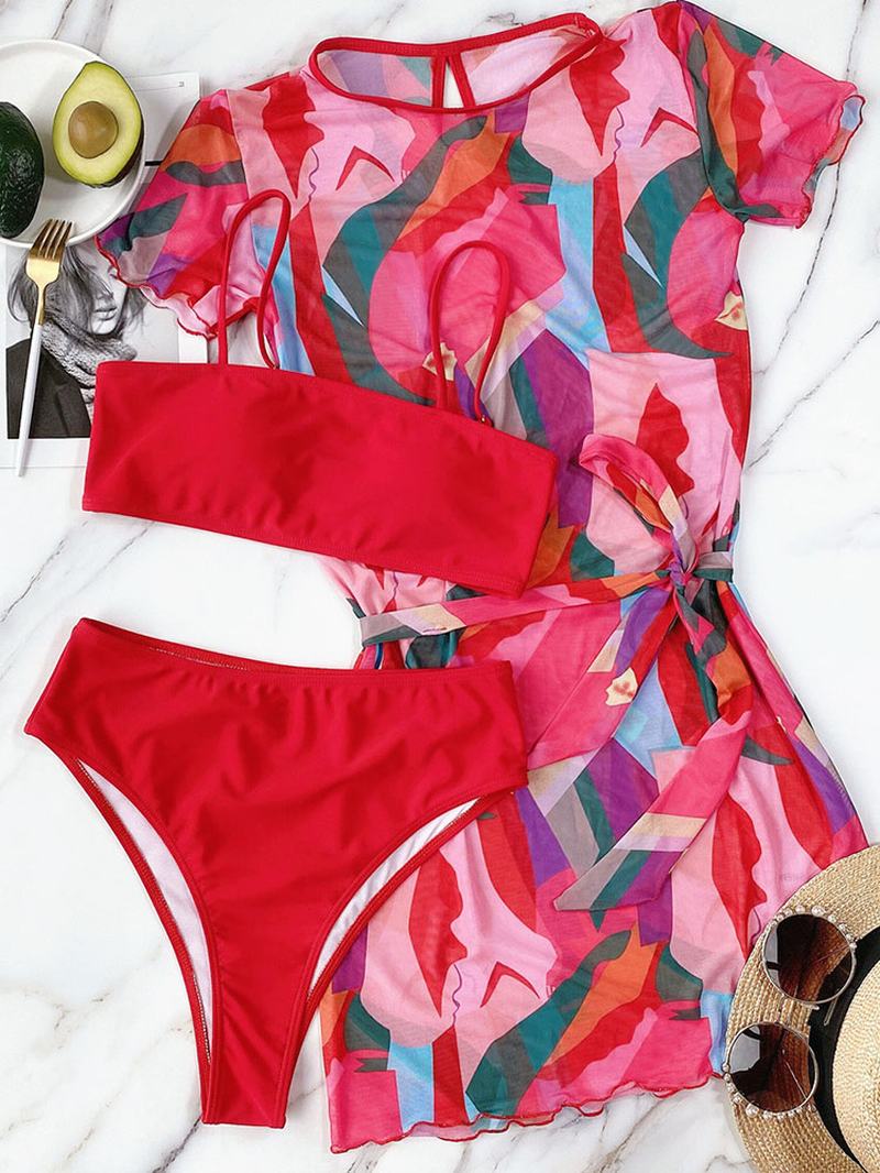Damski Kolorowy Blok Sznurowany Sukienka Z Krótkim Rękawem Spaghetti Straps Bikini Swimsuit
