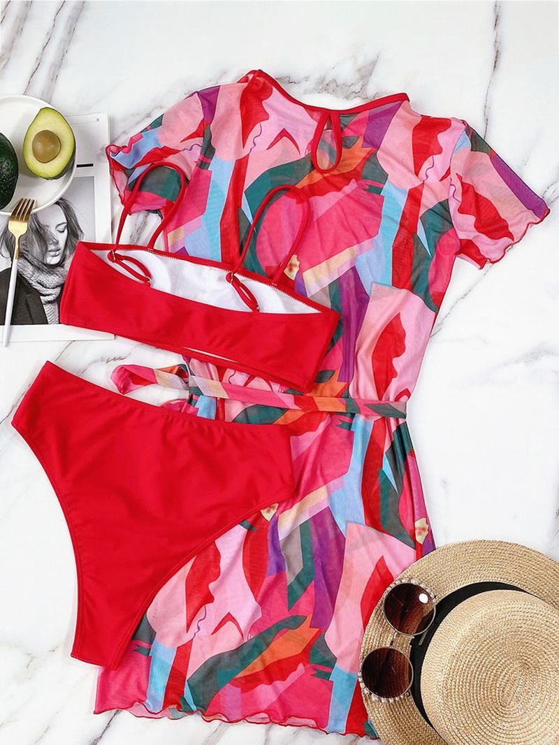 Damski Kolorowy Blok Sznurowany Sukienka Z Krótkim Rękawem Spaghetti Straps Bikini Swimsuit
