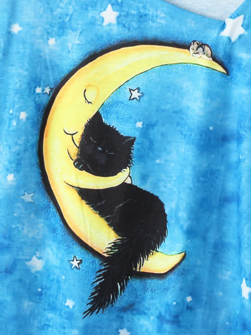 Damski Kot Kreskówkowy Starry Sky Drukowanie Asymetryczny Dekolt Casual Bluzki Z Długim Rękawem