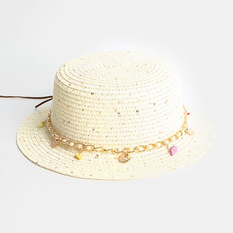 Damski Krem Przeciwsłoneczny Summer Outdoor Casual Pearl Decoration Kapelusz Przeciwsłoneczny Słomkowy Kapelusz