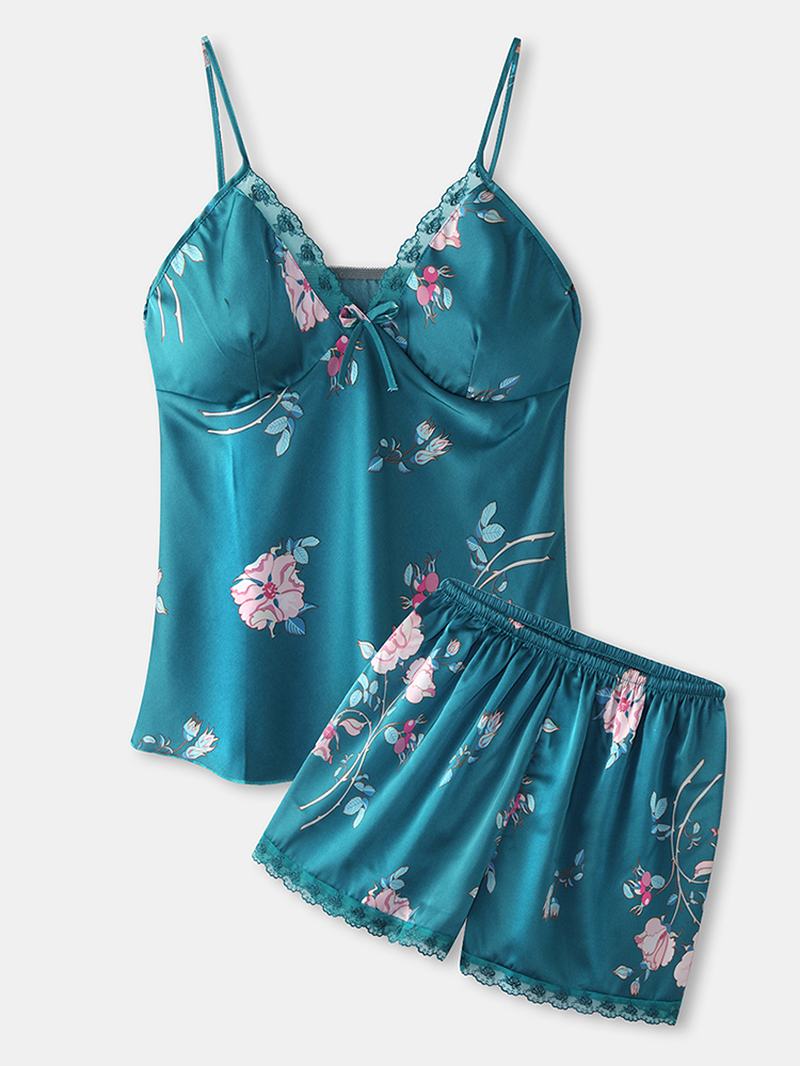 Damski Kwiatowy Drukowanie Softies Lace Trim Smoth Hot Home Piżama Set