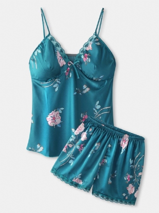 Damski Kwiatowy Drukowanie Softies Lace Trim Smoth Hot Home Piżama Set