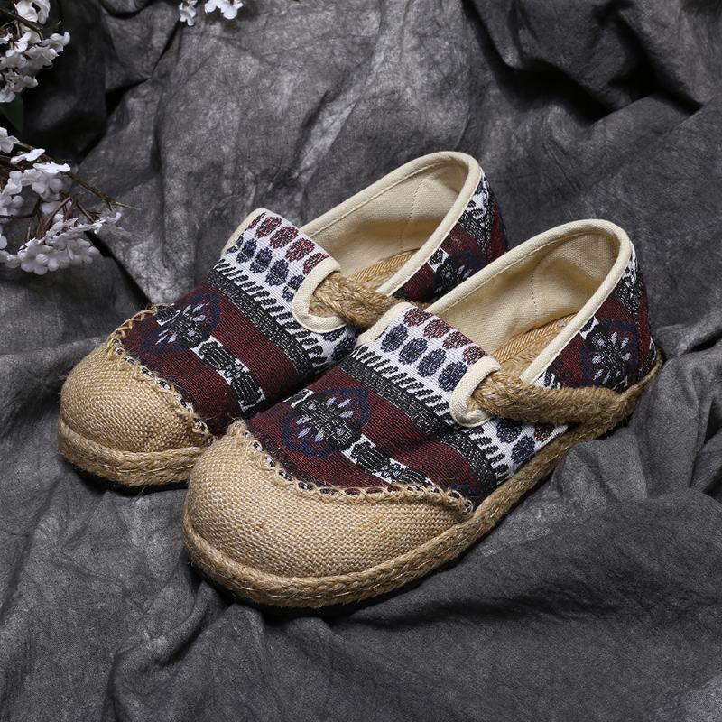 Damski Lniany Wzór Słomy Casual Slip On Espadrille Płaskie Mokasyny