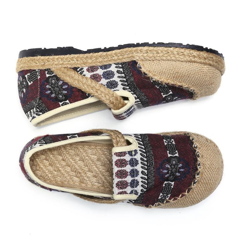 Damski Lniany Wzór Słomy Casual Slip On Espadrille Płaskie Mokasyny