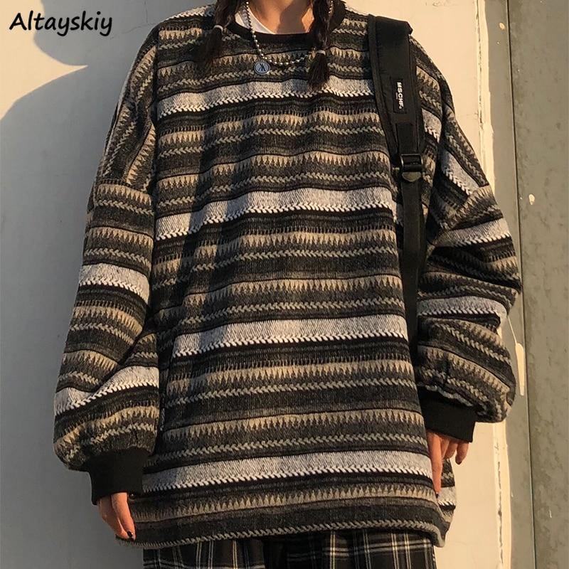 Damski Oversize Ulzzang Bf Unisex Pary Japoński Pasiasty Sweter Z Dzianiny Hiphop Kobieca Nowa Moda Zimowa