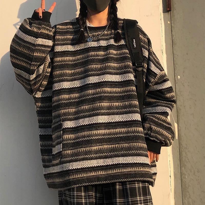 Damski Oversize Ulzzang Bf Unisex Pary Japoński Pasiasty Sweter Z Dzianiny Hiphop Kobieca Nowa Moda Zimowa