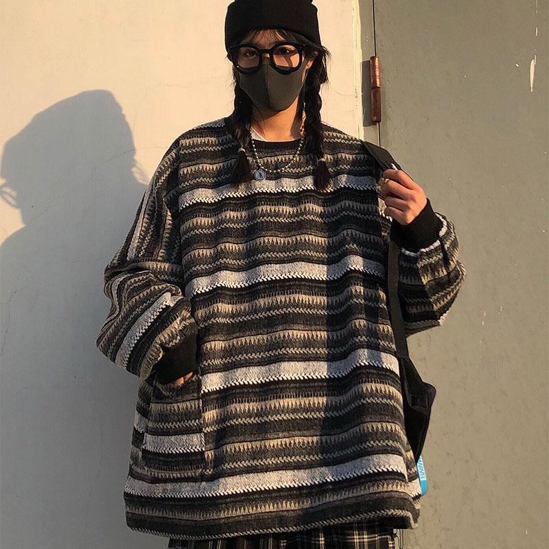 Damski Oversize Ulzzang Bf Unisex Pary Japoński Pasiasty Sweter Z Dzianiny Hiphop Kobieca Nowa Moda Zimowa