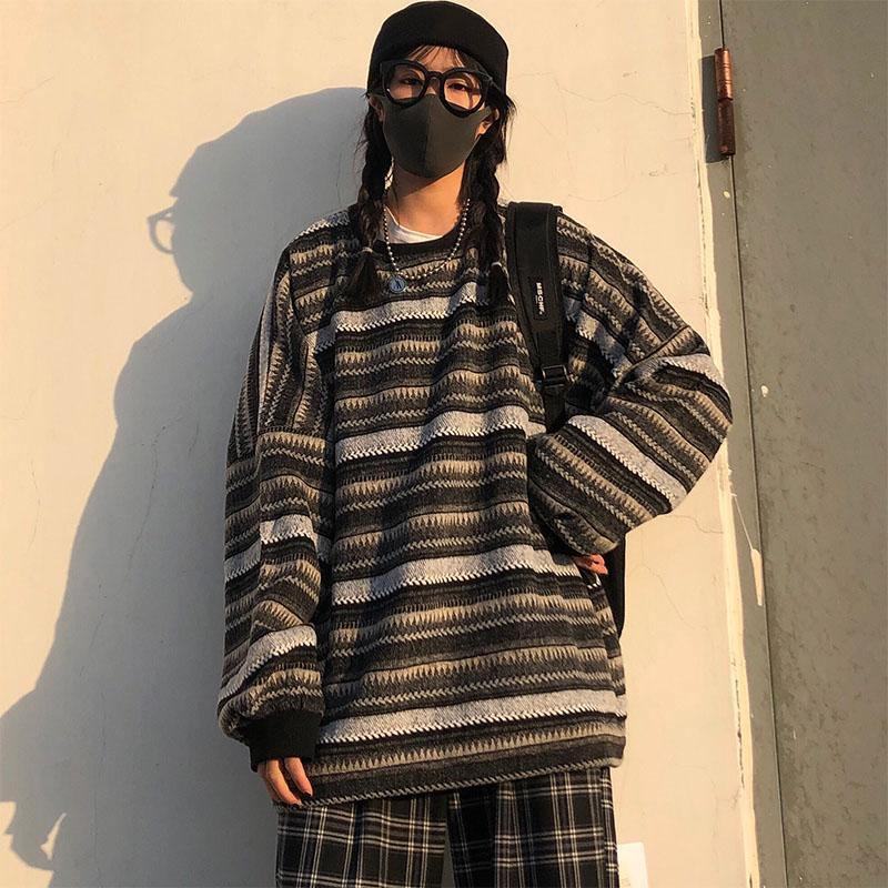 Damski Oversize Ulzzang Bf Unisex Pary Japoński Pasiasty Sweter Z Dzianiny Hiphop Kobieca Nowa Moda Zimowa