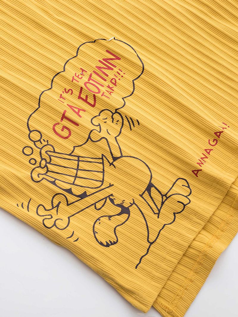Damski Prążkowany Nadruk W Kształcie Litery Cartoon Graffiti Sweter Z Elastyczną Talią Kieszeń Home Casual Żółty Zestaw Piżam