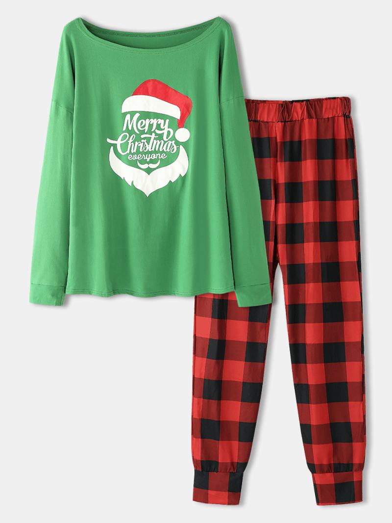 Damski Świąteczny List Graficzny Z Długim Rękawem Sweter W Kratę W Pasie Spodnie Do Biegania Domowy Zestaw Piżamy