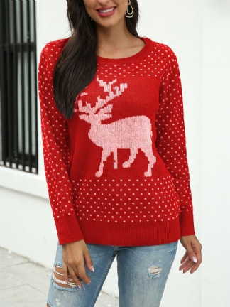 Damski Świąteczny Renifer Snowflake Pattern O-nekc Sweter Z Długim Rękawem