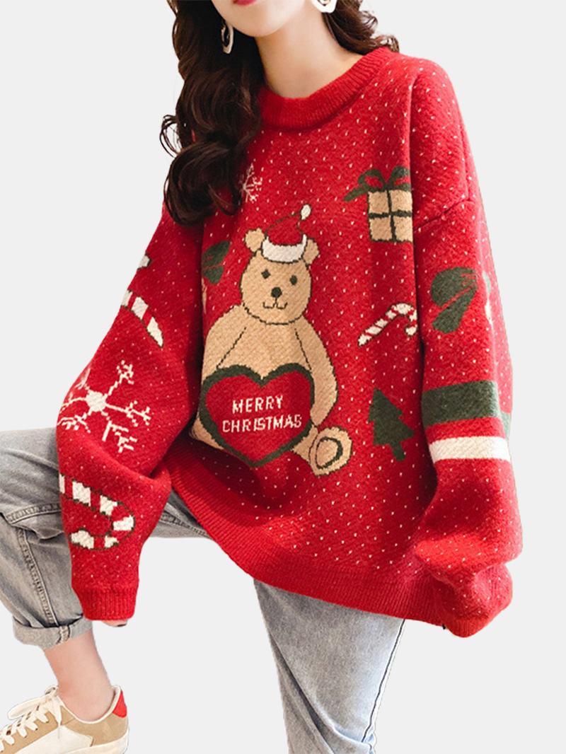 Damski Świąteczny Sweter Z Okrągłym Dekoltem I Słodkim Niedźwiedziem