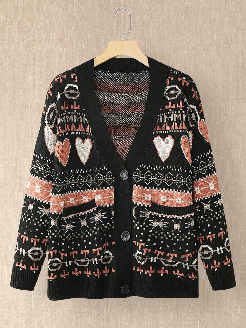 Damski Sweter W Stylu Vintage Z Pełnym Nadrukiem Z Długim Rękawem I Kieszenią