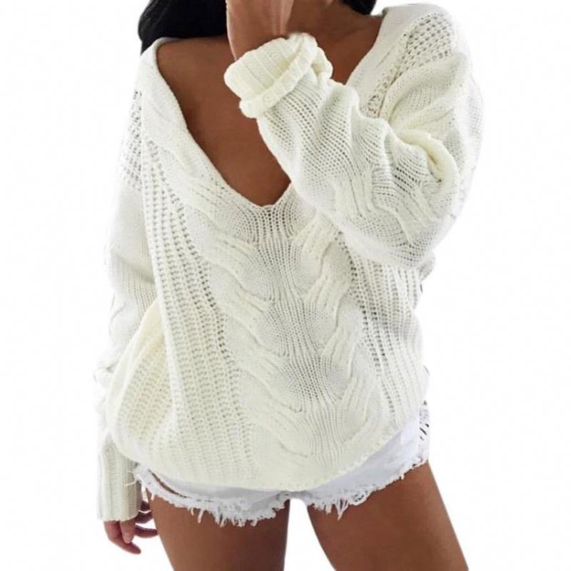 Damski Sweter Z Długim Rękawem V Neck Top Sweter Luźny Sweter Dzianina Znosić Sweter Damski