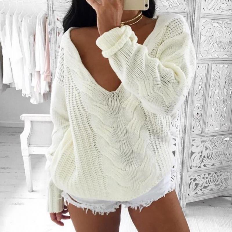 Damski Sweter Z Długim Rękawem V Neck Top Sweter Luźny Sweter Dzianina Znosić Sweter Damski