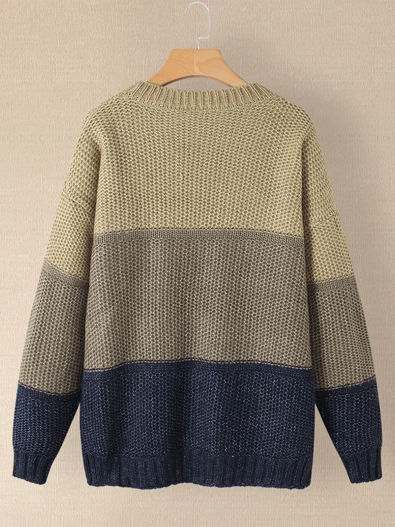 Damski Sweter Z Dzianiny W Kontrastowym Kolorze Z Okrągłym Dekoltem I Długim Rękawem