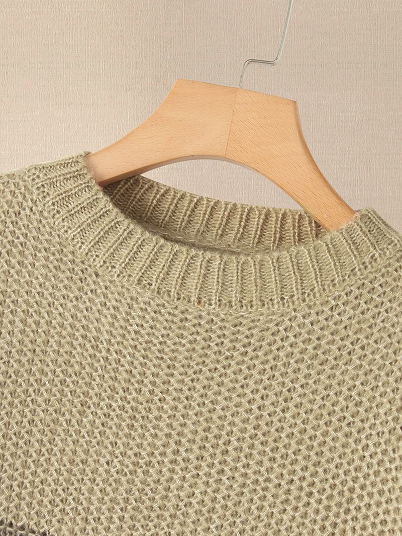 Damski Sweter Z Dzianiny W Kontrastowym Kolorze Z Okrągłym Dekoltem I Długim Rękawem